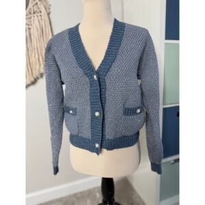 Women's Dusty Blue Chunky Knit Pearl Button V-Neck Cardigan Sweater XS Holiday
